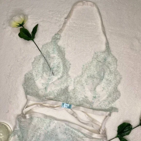 Victoria's Secret White And Light Blue Halter Neck Lace Teddy Lingerie - Picture 3 of 8